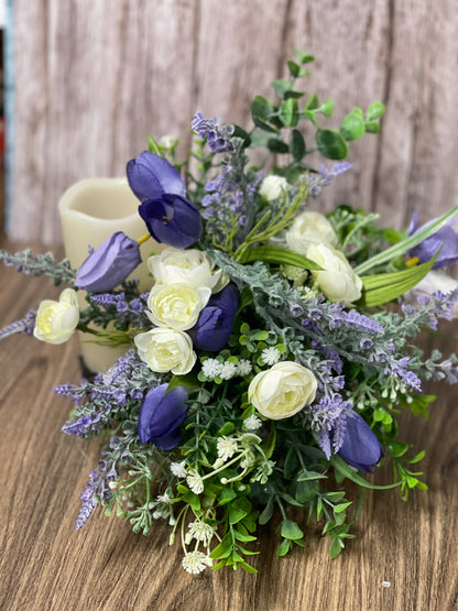 Spring Purple Tulips and Cream Ranunculus Bottle Bouquet, Floral Bridal or Baby Shower Centerpieces, Candle Holders, KatsCreationsNMore