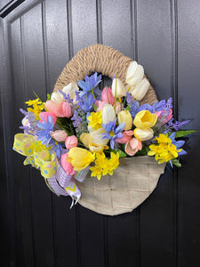 Spring Floral Basket Wreath, Easter Flowers Front Door Decor, Gift for Mother’s Day, KatsCreationsNMore