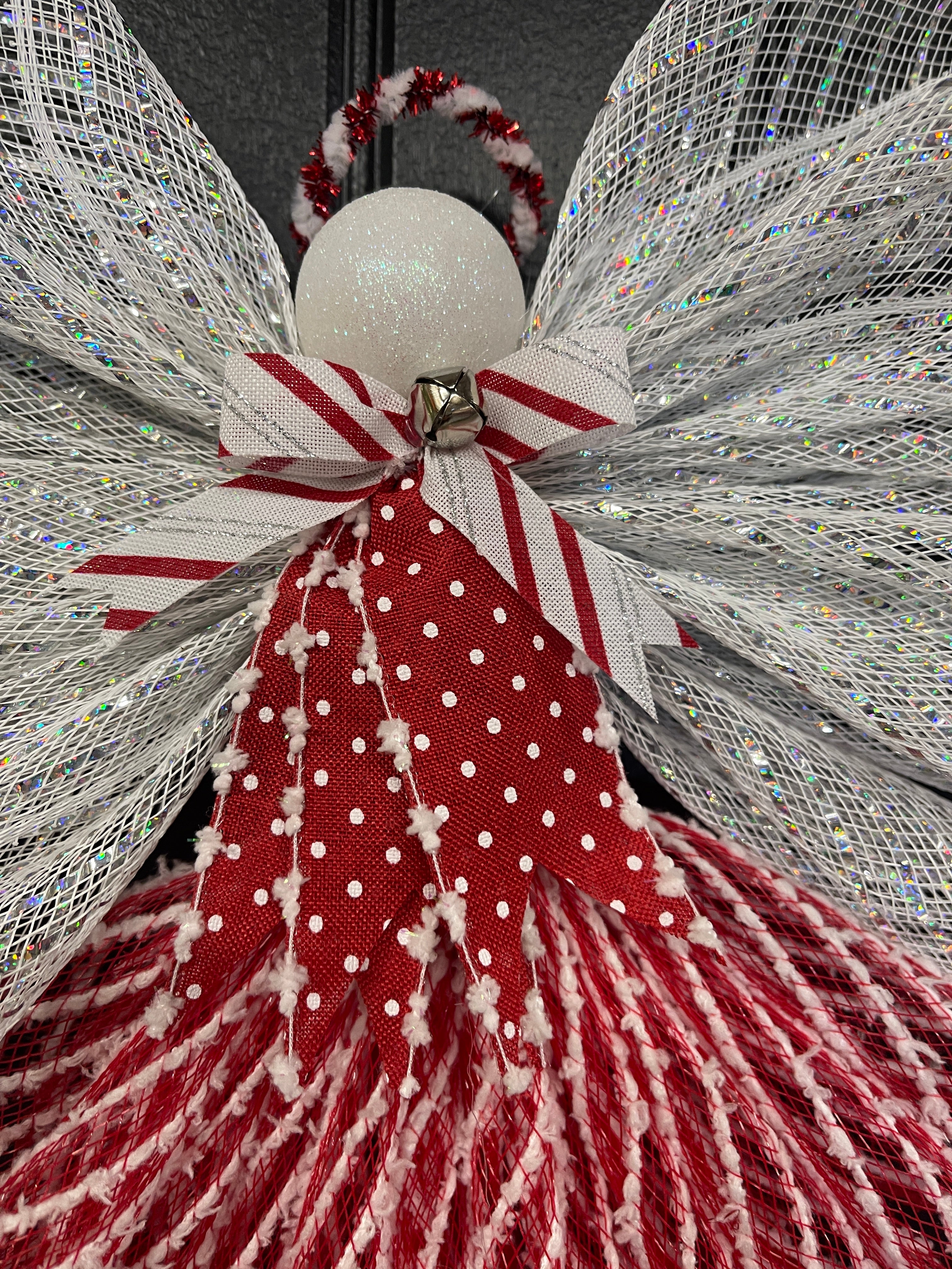 Peppermint Christmas Angel Tree Topper, Holiday Guardian Angel Wreath, Graveside Memorial, KatsCreationsNMore