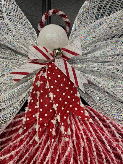 Peppermint Christmas Angel Tree Topper, Holiday Guardian Angel Wreath, Graveside Memorial, KatsCreationsNMore
