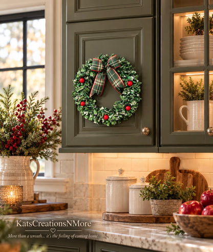 Christmas Fabric Wreath, 16 Inch Plaid Holiday Wreath, Small Farmhouse Door Decor, Rustic RV Camper Christmas Decoration