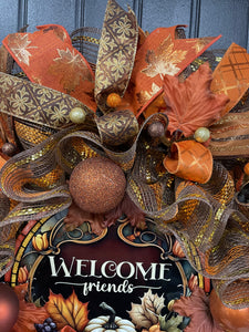 Welcome Friends Fall Wreath, Autumn Leaves Front Door Decor, KatsCreationsNMore