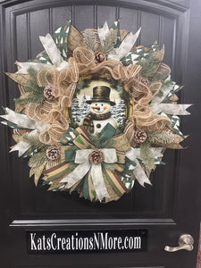 Rustic Country Snowman Wreath, Woodland Winter Front Door Decor, KatsCreationsNMore