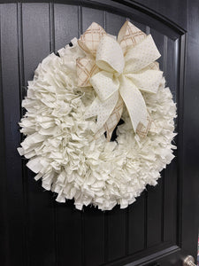 White Muslin Rag Wreath, Rustic Wedding Decoration, Farmhouse Front Door Decor, KatsCreationsNMore