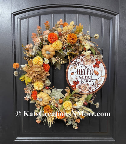 Fall Pumpkin & Floral Grapevine Wreath – Warm Autumn Harvest Door Decor, KatsCreationsNMore