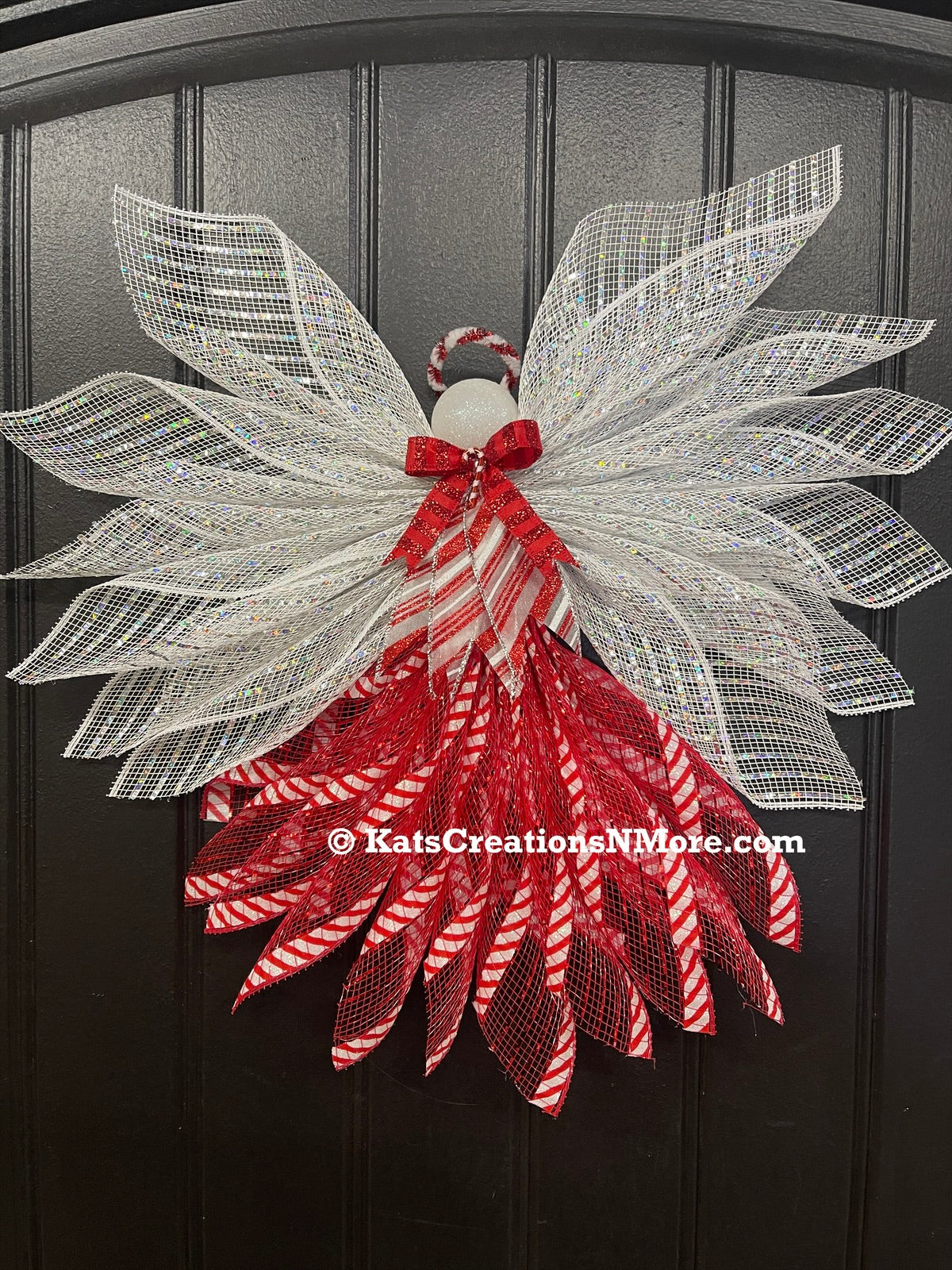 Candy Cane Christmas Angel Tree Topper, Holiday Guardian Angel Wreath, Graveside Memorial, KatsCreationsNMore