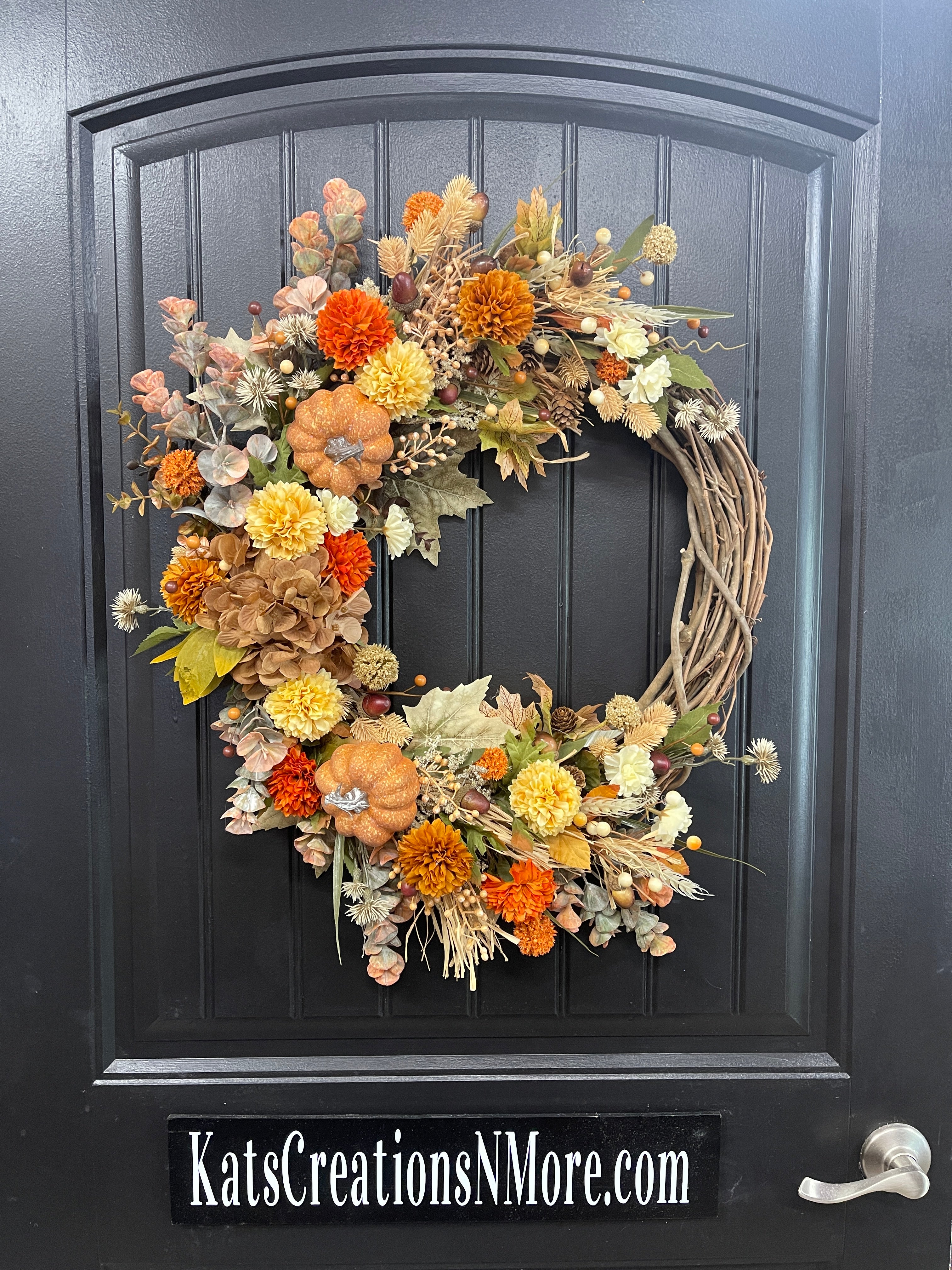 Fall Pumpkin & Floral Grapevine Wreath – Warm Autumn Harvest Door Decor, KatsCreationsNMore