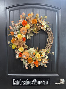 Fall Pumpkin & Floral Grapevine Wreath – Warm Autumn Harvest Door Decor, KatsCreationsNMore