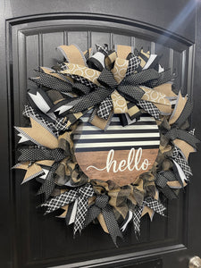 Everyday Hello Wreath, Black and Tan Farmhouse Front Door Decor, KatsCreationsNMore