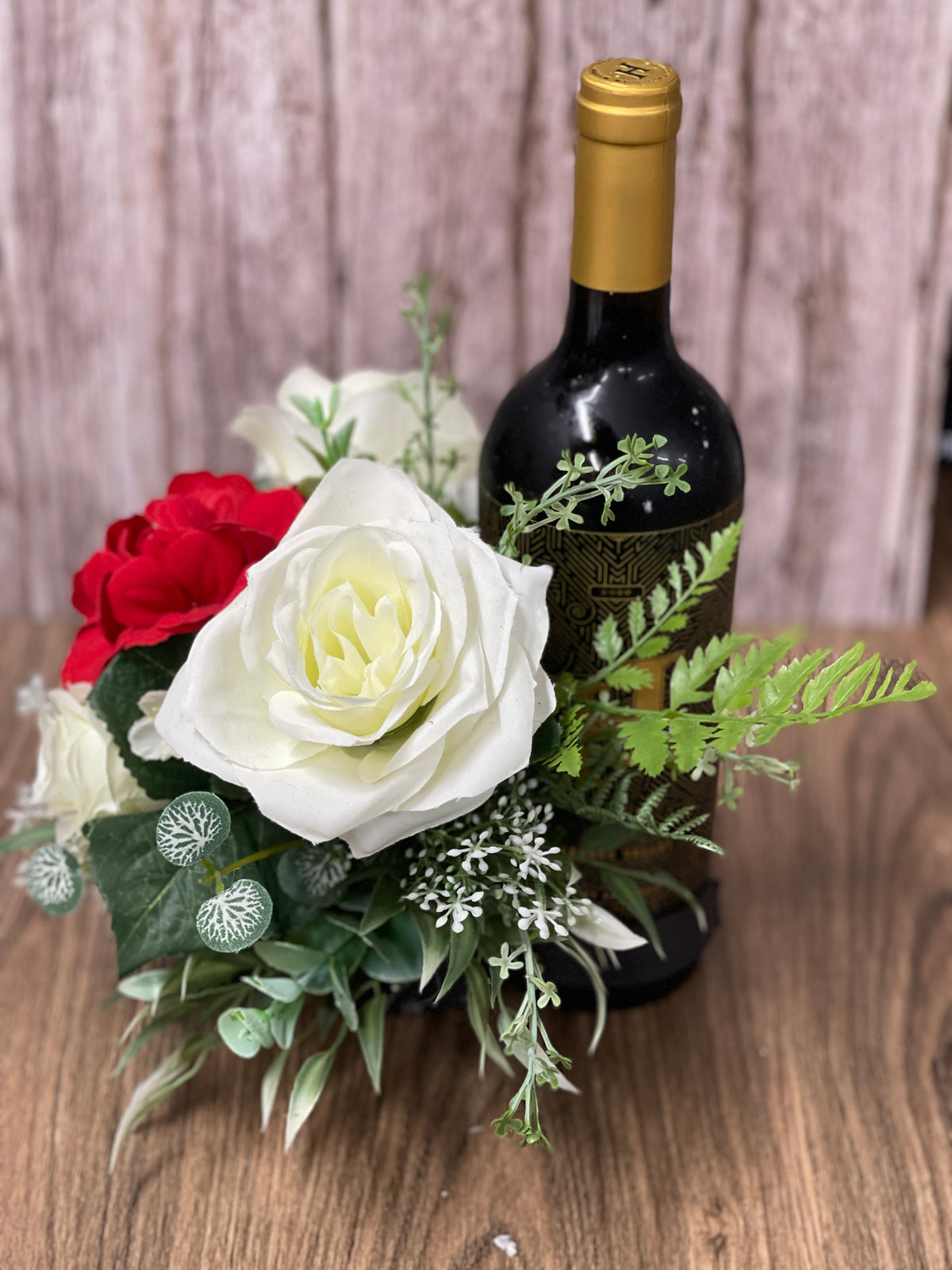 Rose and Geranium Bottle Bouquet, Hostess Gift, Floral Bottle Arrangement, Elegant Candle Holder, KatsCreationsNMore