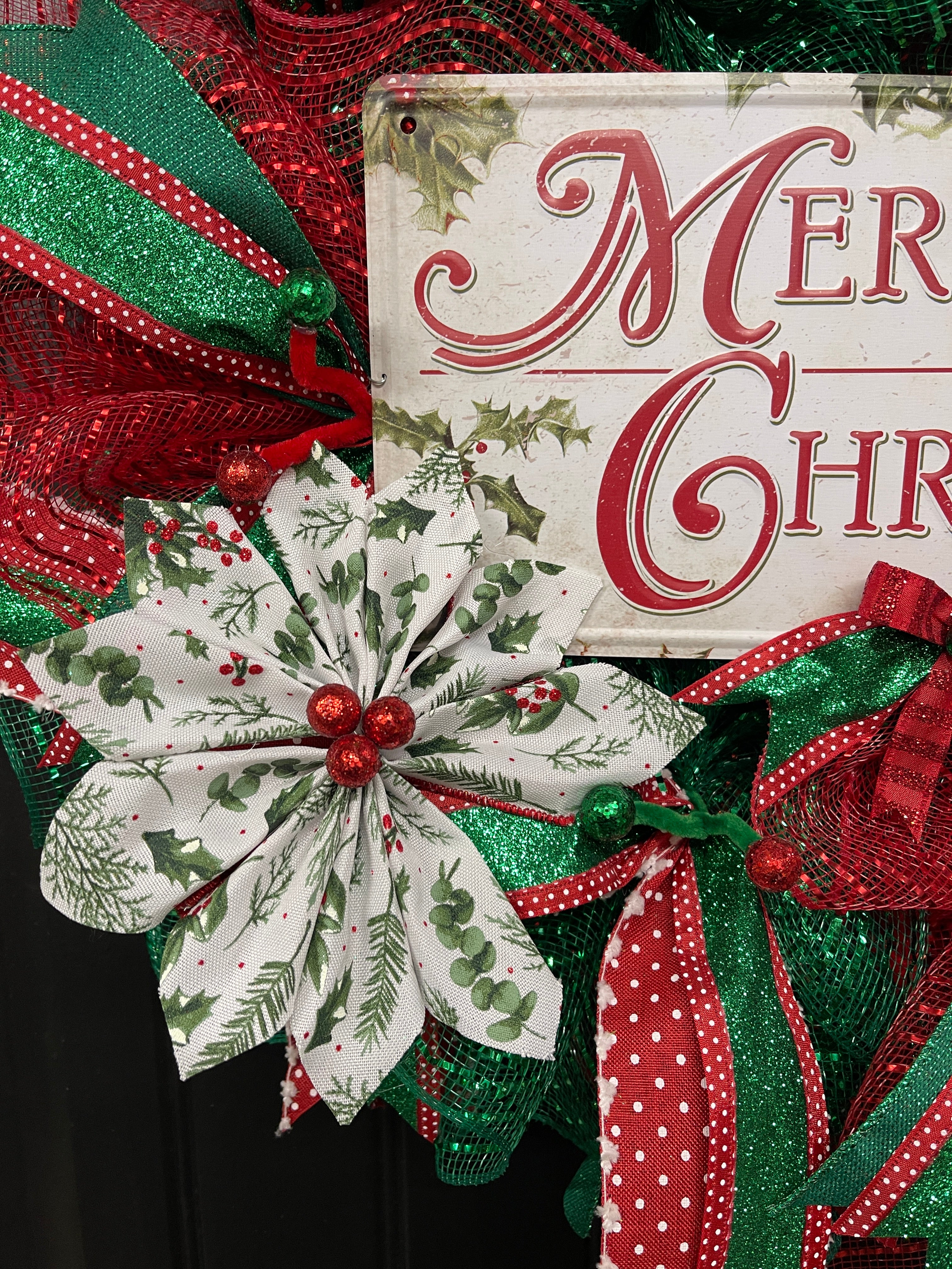 Merry Christmas Classic Deco Mesh Wreath — 25” Storm Door Friendly Holiday Door Décor | KatsCreationsNMore