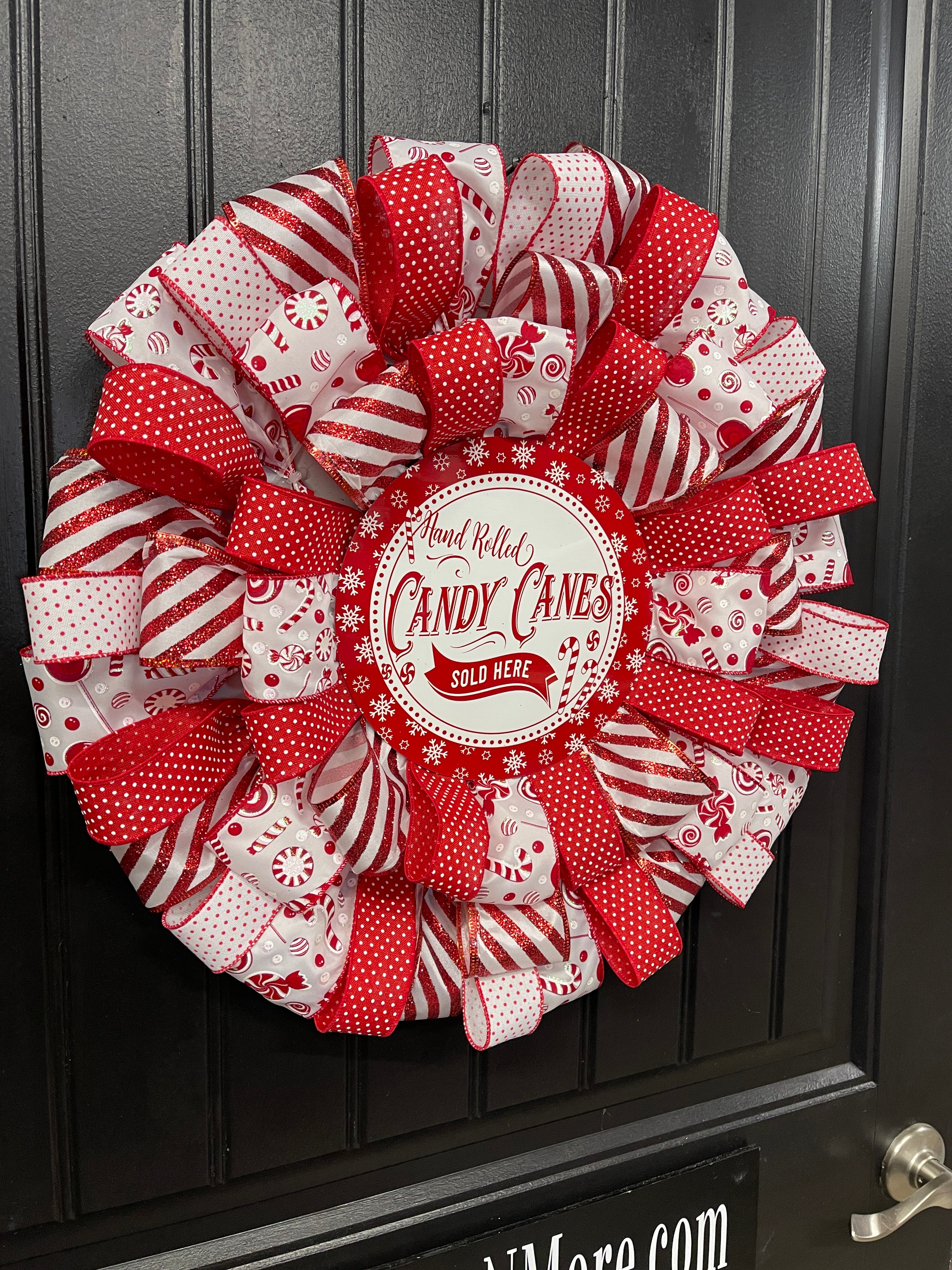 Candy Cane Christmas Ribbon Wreath, Winter Holiday Front Door Decor, Seasonal Porch Decoration, KatsCreationsNMore