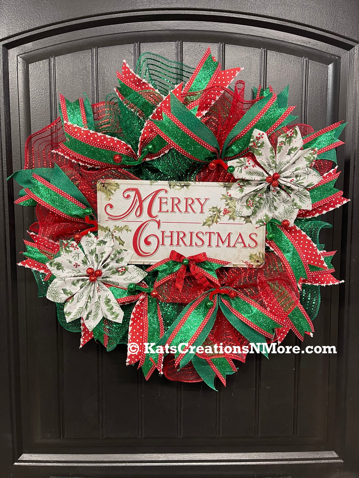 Merry Christmas Classic Deco Mesh Wreath — 25” Storm Door Friendly Holiday Door Décor | KatsCreationsNMore