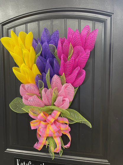 Spring Deco Mesh Tulip Bouquet Wreath, Floral Swag Front Door Decor, KatsCreationsNMore