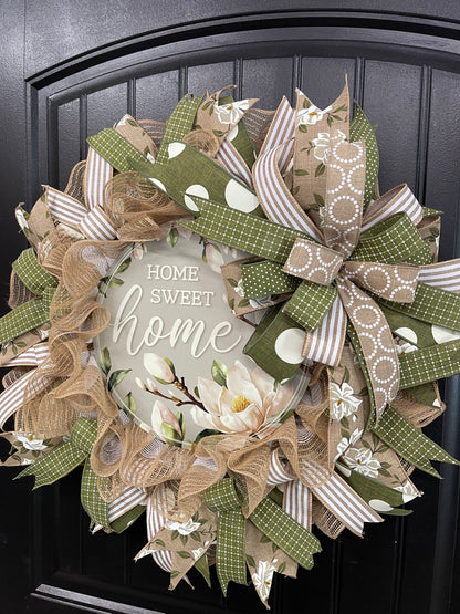 Magnolia Home Sweet Home Everyday Wreath, Southern Charm Front Door Decor, KatsCreationsNMore