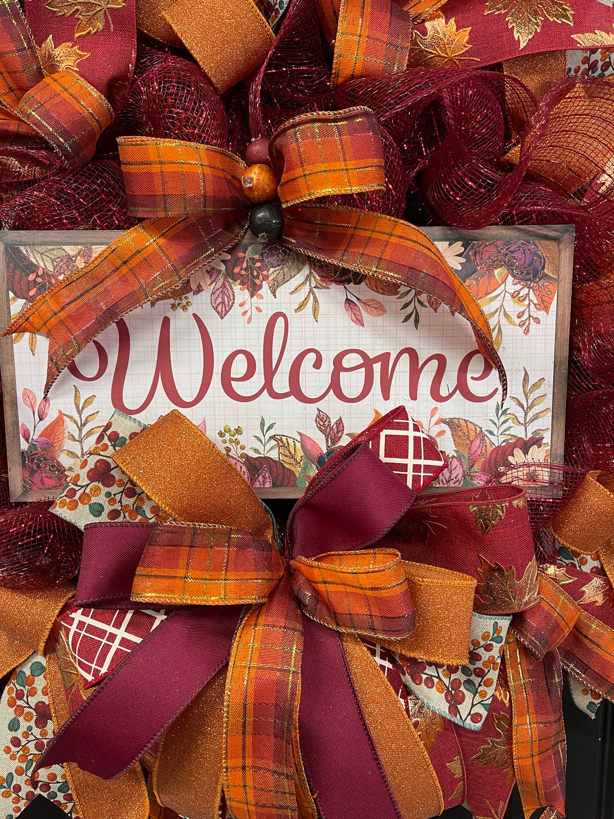 Autumn Welcome Wreath – Fall Front Door Decor with Burgundy, Orange, and Plaid Ribbons – Thanksgiving or Harvest Home Accent, KatsCreationsNMore