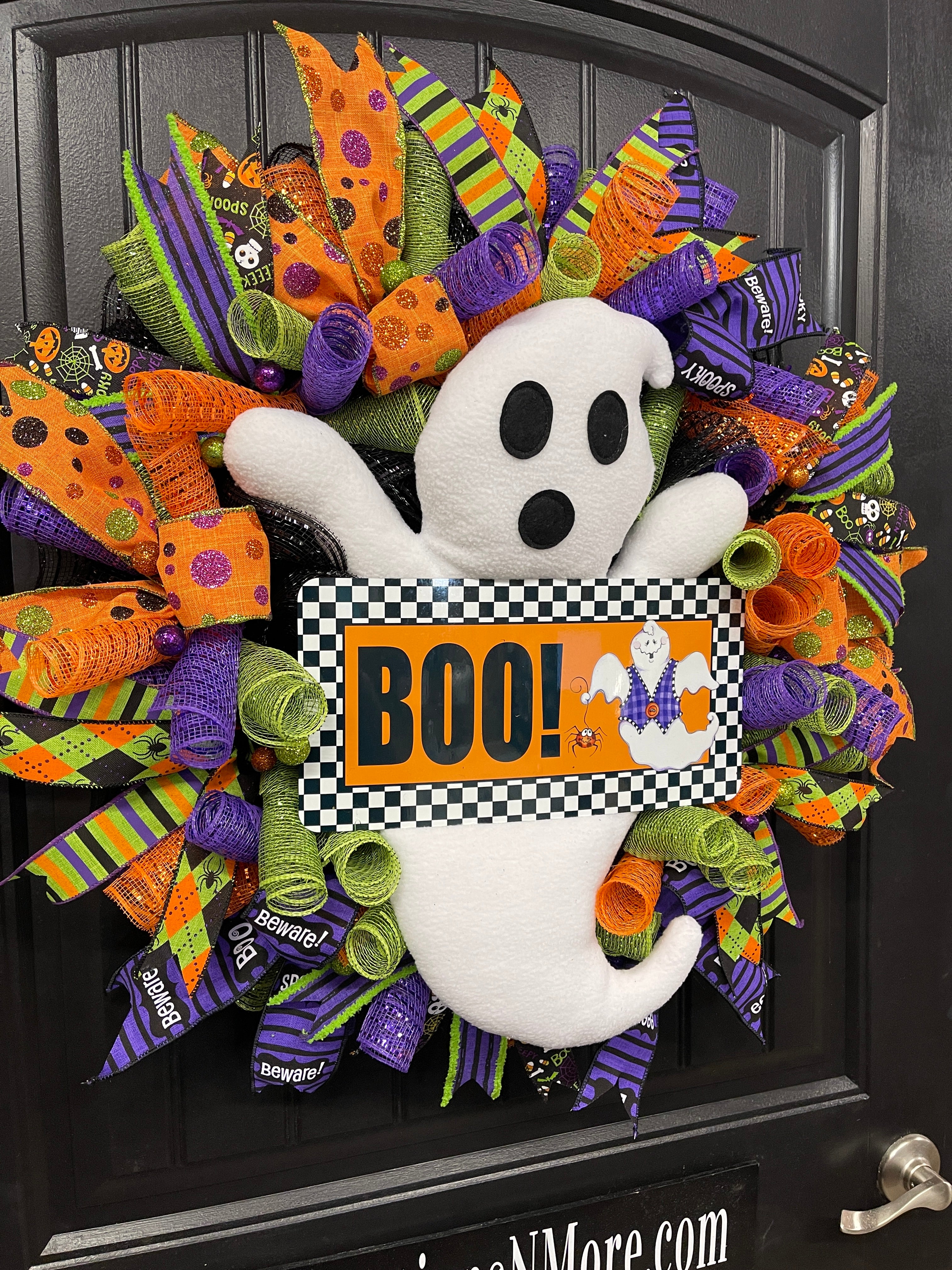 Ghost Halloween Wreath for Front Door – Cute Spooky Deco Mesh Wreath with Plush Ghost and Ribbons – Handmade Halloween Decor -  KatsCreationsNMore