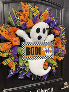 Ghost Halloween Wreath for Front Door – Cute Spooky Deco Mesh Wreath with Plush Ghost and Ribbons – Handmade Halloween Decor -  KatsCreationsNMore