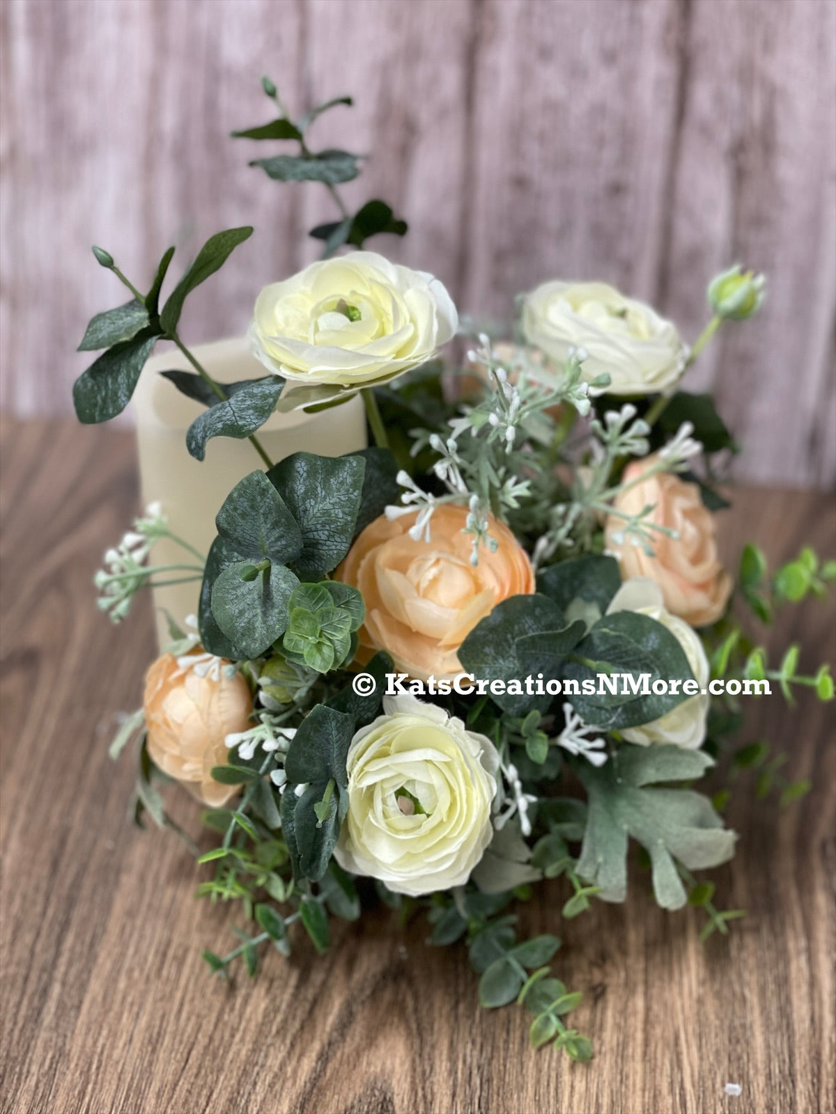 Spring Floral Centerpiece, Mothers Day Gift Bottle Bouquet, Peach and White Ranunculus Candle Holder, KatsCreationsNMore