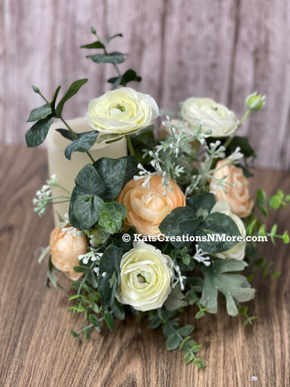 Spring Floral Centerpiece, Mothers Day Gift Bottle Bouquet, Peach and White Ranunculus Candle Holder, KatsCreationsNMore