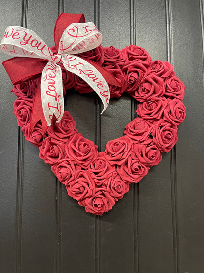 Valentine’s Day Burgundy Rose Heart Shaped Wreath, I Love You Front Door Decor, KatsCreationsNMore