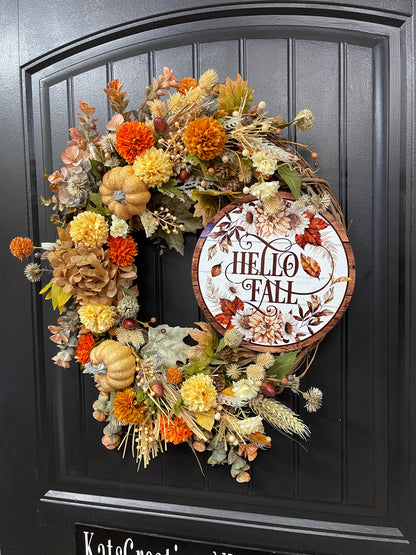 Fall Pumpkin & Floral Grapevine Wreath – Warm Autumn Harvest Door Decor, KatsCreationsNMore