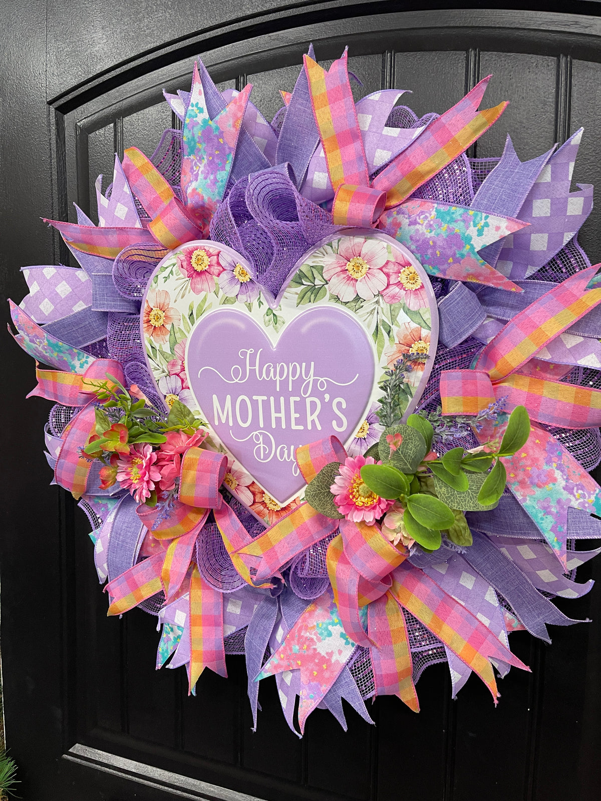 Purple Floral Happy Mother’s Day Wreath, Gift for Mom, KatsCreationsNMore
