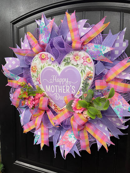 Purple Floral Happy Mother’s Day Wreath, Gift for Mom, KatsCreationsNMore