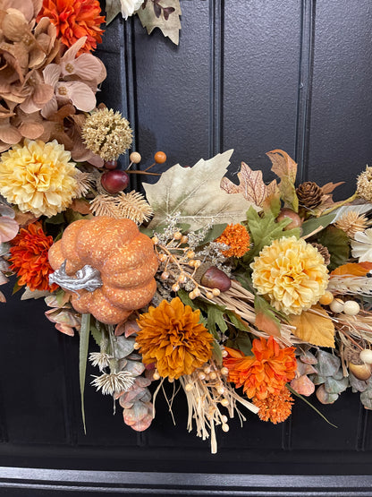Fall Pumpkin & Floral Grapevine Wreath – Warm Autumn Harvest Door Decor, KatsCreationsNMore