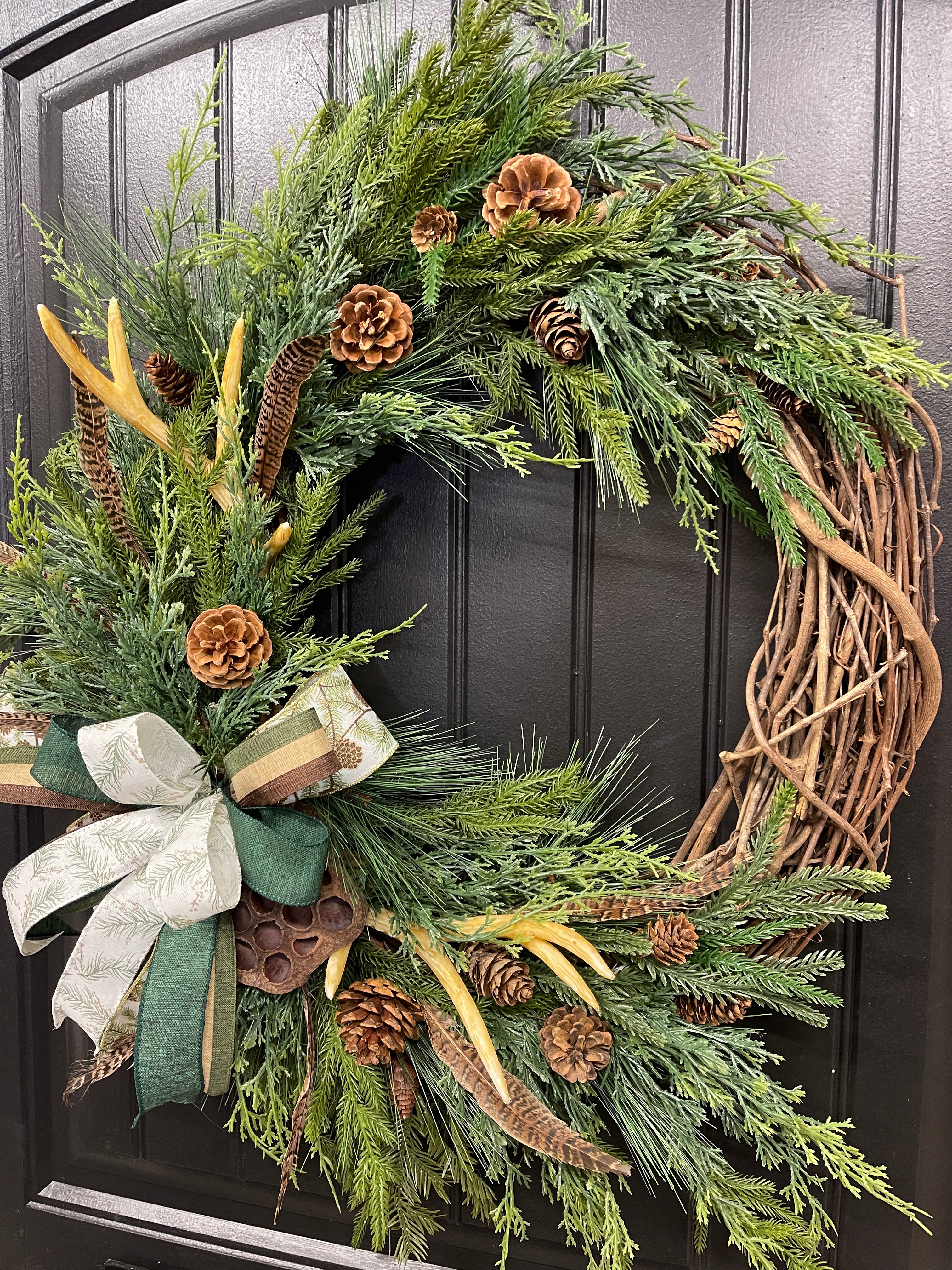 Norfolk Cedar and Pine Grapevine Antler Pheasant Wreath, Year