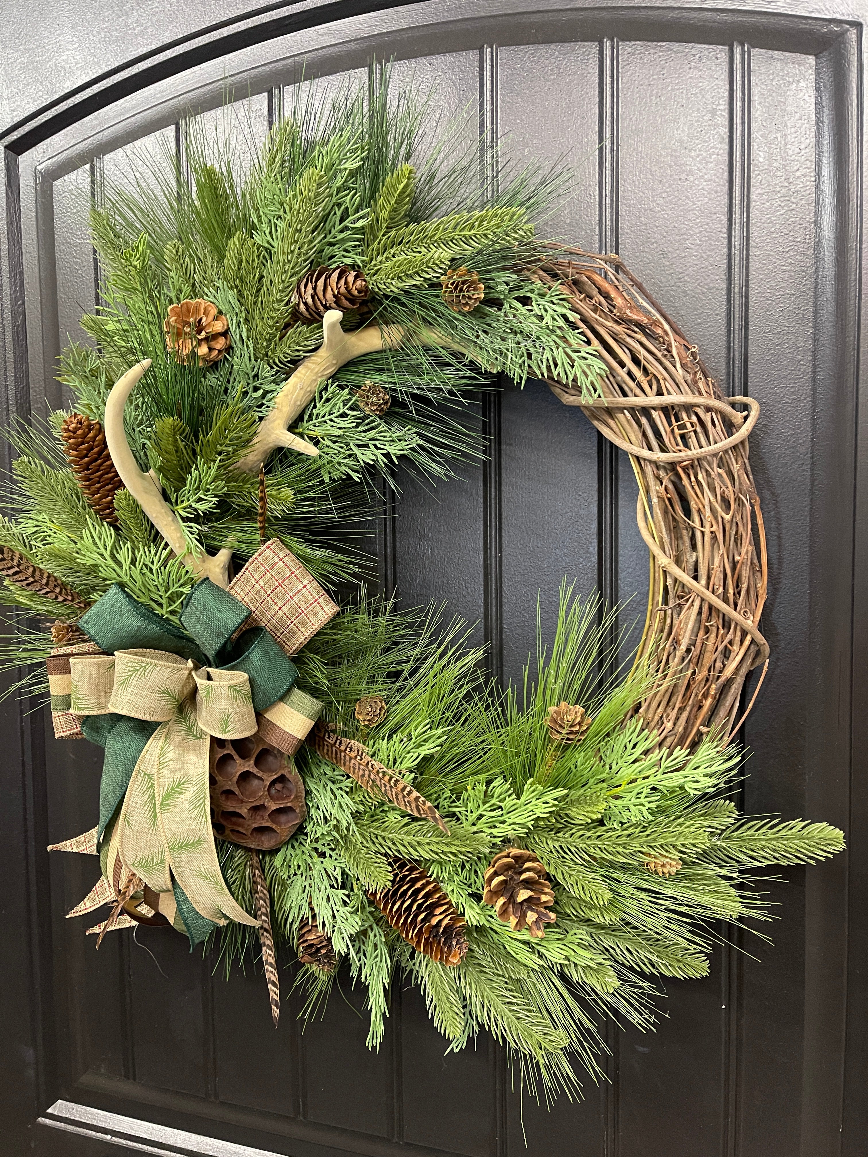 Deer Antler Pheasant Feather Pine Grapevine Wreath, Hunting Front Door Decor, KatsCreationsNMore