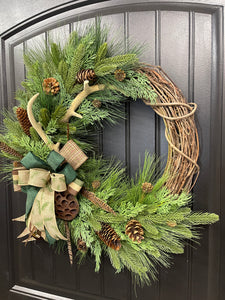 Deer Antler Pheasant Feather Pine Grapevine Wreath, Hunting Front Door Decor, KatsCreationsNMore