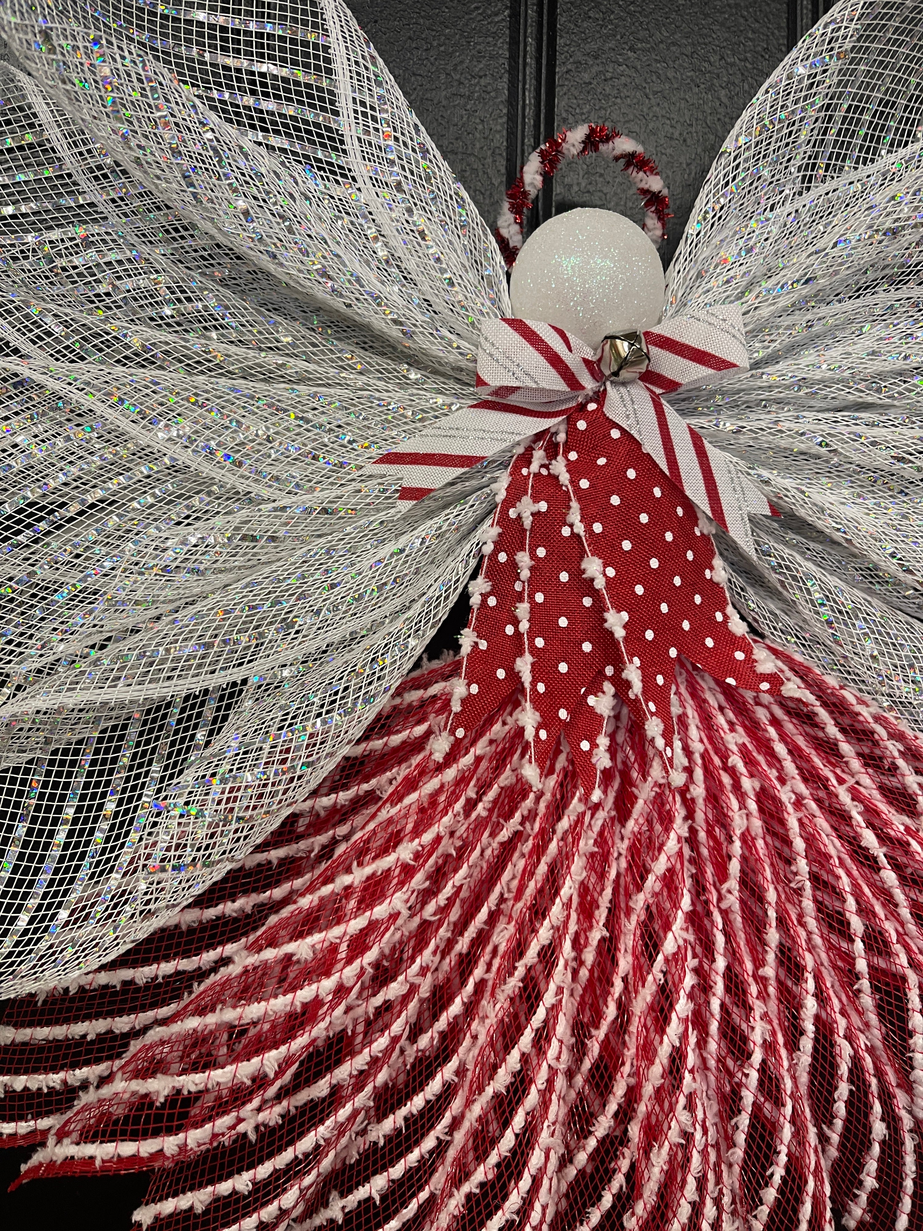 Peppermint Christmas Angel Tree Topper, Holiday Guardian Angel Wreath, Graveside Memorial, KatsCreationsNMore