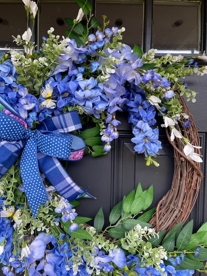 Spring Blue Hyacinth and Wisteria Grapevine Wreath, Mothers Day, Gift for Her, KatsCreationsNMore