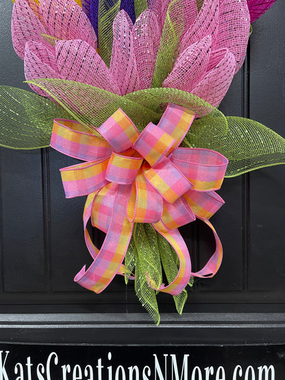 Spring Deco Mesh Tulip Bouquet Wreath, Floral Swag Front Door Decor, KatsCreationsNMore