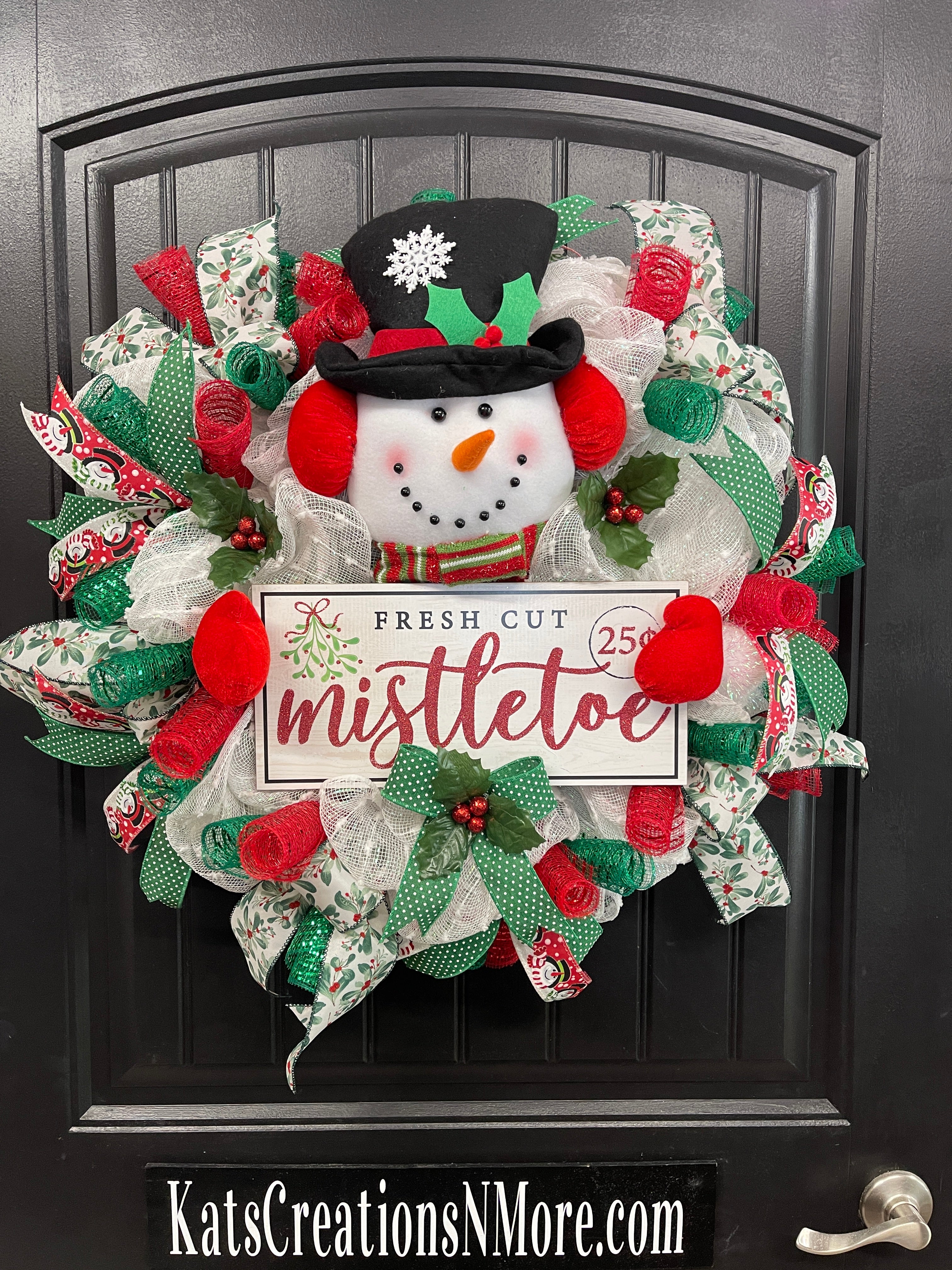 Snowman Mistletoe Christmas Wreath, Winter Seasonal Holiday Front Door Decor, KatsCreationsNMore