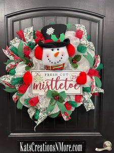 Snowman Mistletoe Christmas Wreath, Winter Seasonal Holiday Front Door Decor, KatsCreationsNMore