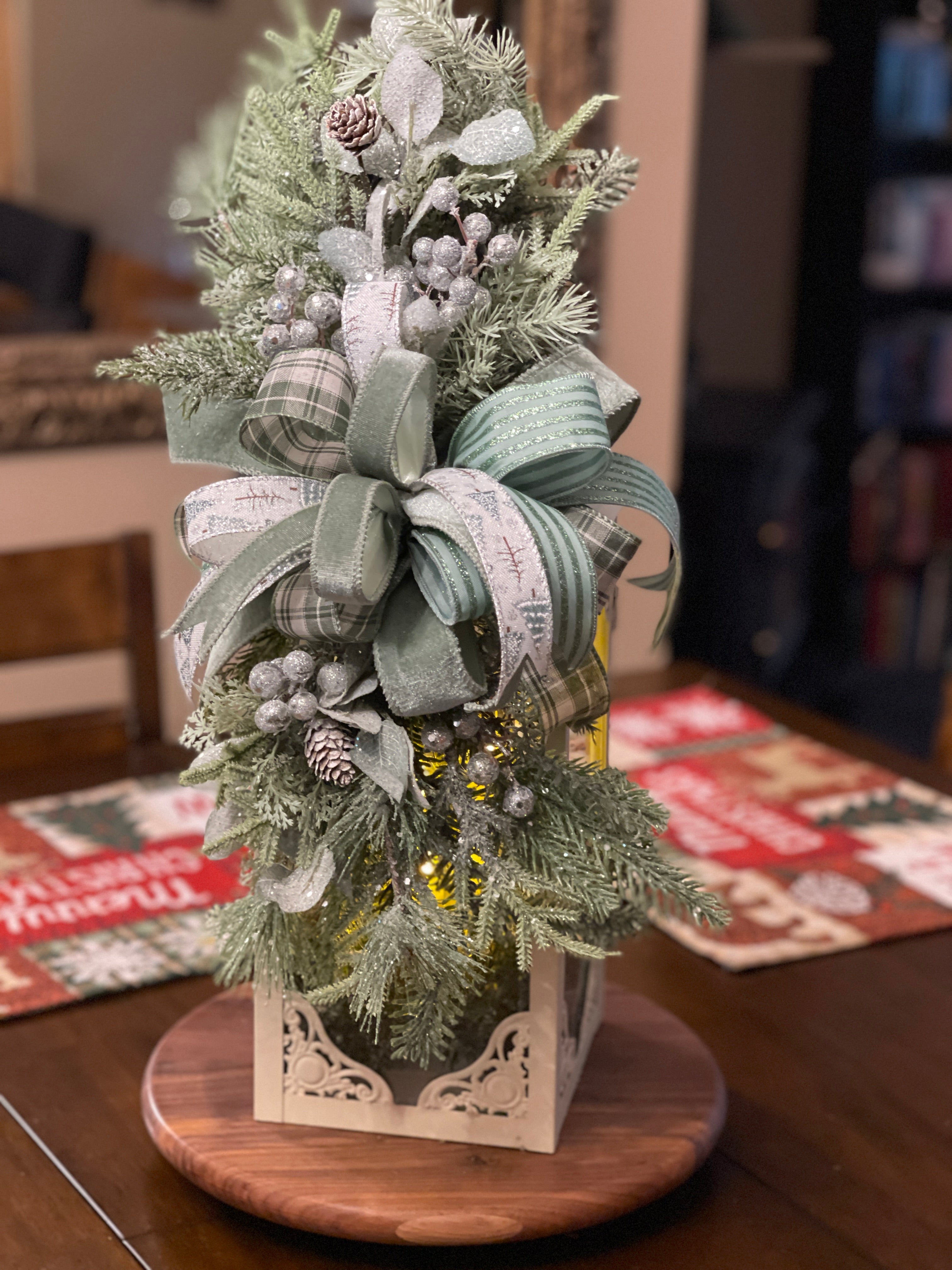 Winter Frost Lantern Centerpiece | Frosted Greenery & Sage Bow Christmas Table Decor | Rustic Farmhouse Holiday Arrangement | KatsCreationsNMore