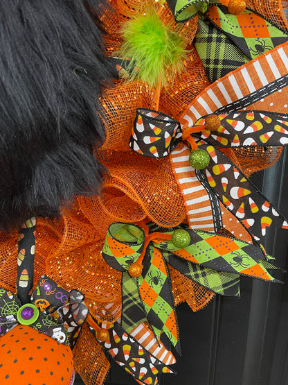 Halloween Monster Candy Corn Sucker Wreath, Seasonal Holiday Front Door Decor, KatsCreationsNMore
