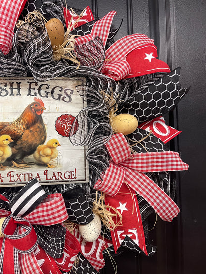 Farmhouse Chicken Wreath, Fresh Eggs Front Door Wreath, Rustic Chicken Wreath, Country Farmhouse Decor, Red Gingham Spring Summer Wreath, KatsCreationsNMore