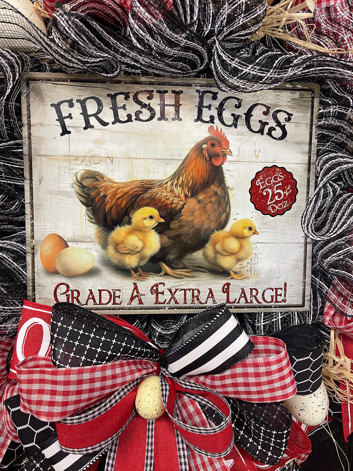 Farmhouse Chicken Wreath, Fresh Eggs Front Door Wreath, Rustic Chicken Wreath, Country Farmhouse Decor, Red Gingham Spring Summer Wreath, KatsCreationsNMore