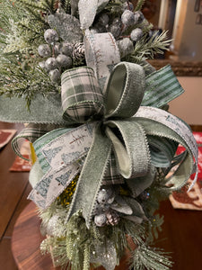 Winter Frost Lantern Centerpiece | Frosted Greenery & Sage Bow Christmas Table Decor | Rustic Farmhouse Holiday Arrangement | KatsCreationsNMore