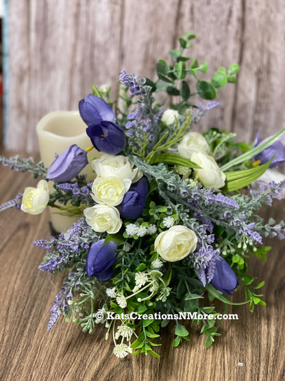 Spring Purple Tulips and Cream Ranunculus Bottle Bouquet, Floral Bridal or Baby Shower Centerpieces, Candle Holders, KatsCreationsNMore