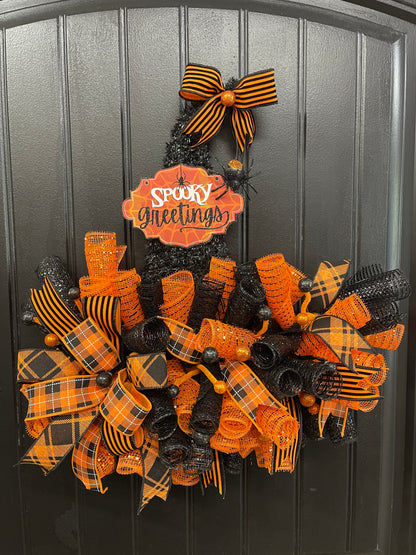 Halloween Witch Hat Spooky Greetings Wreath by KatsCreationsNMore