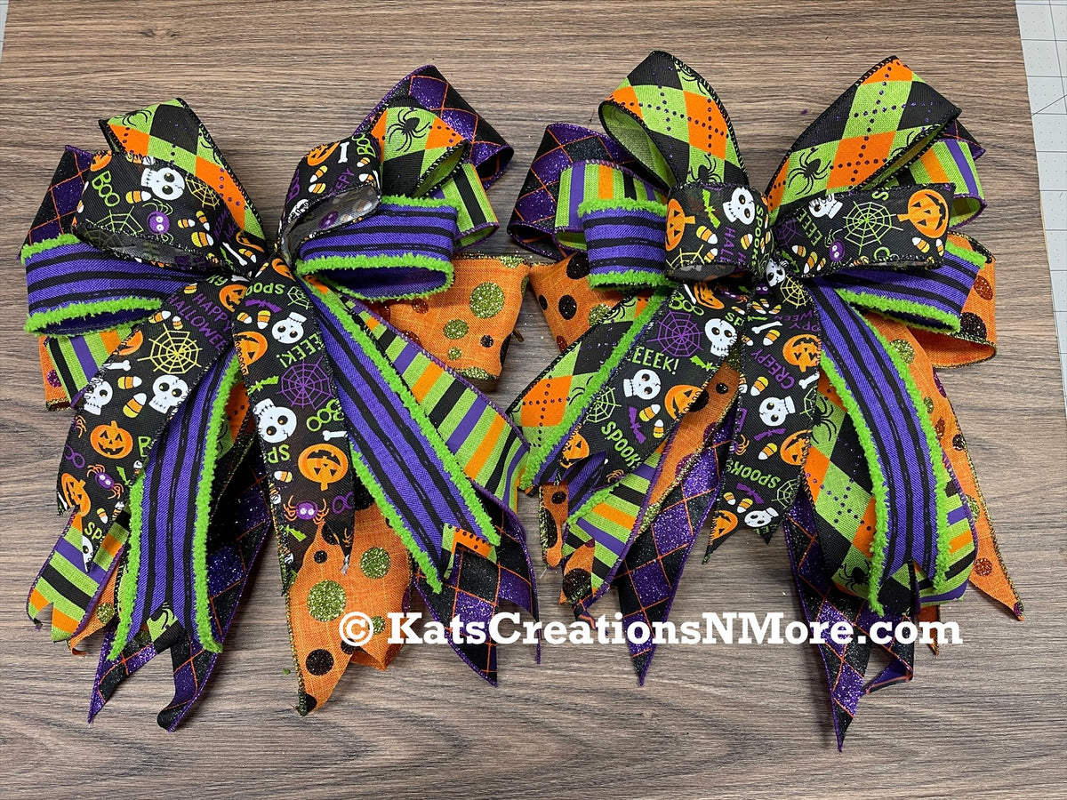 Halloween Bow Set, Mantle Bows, Carriage Light Decor, Fall Outdoor Decor, Stairway Bow Set