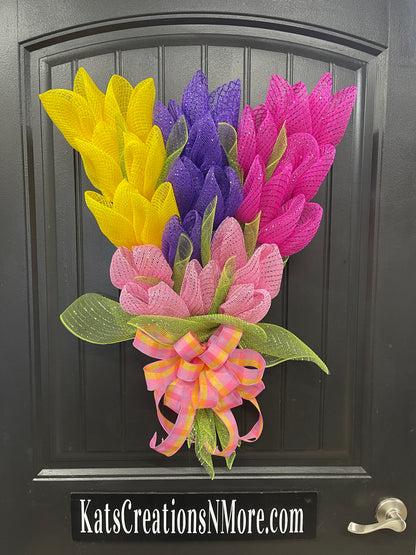 Spring Deco Mesh Tulip Bouquet Wreath, Floral Swag Front Door Decor, KatsCreationsNMore