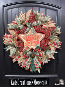 Rustic Country Merry Christmas Star Wreath, Primitive Holiday Front Door Decor, KatsCreationsNMore