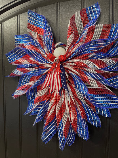 Liberty Patriotic Limited Edition Deco Mesh Angel Tree Topper, America’s 250th Birthday Celebration Front Door Decor, KatsCreationsNMore