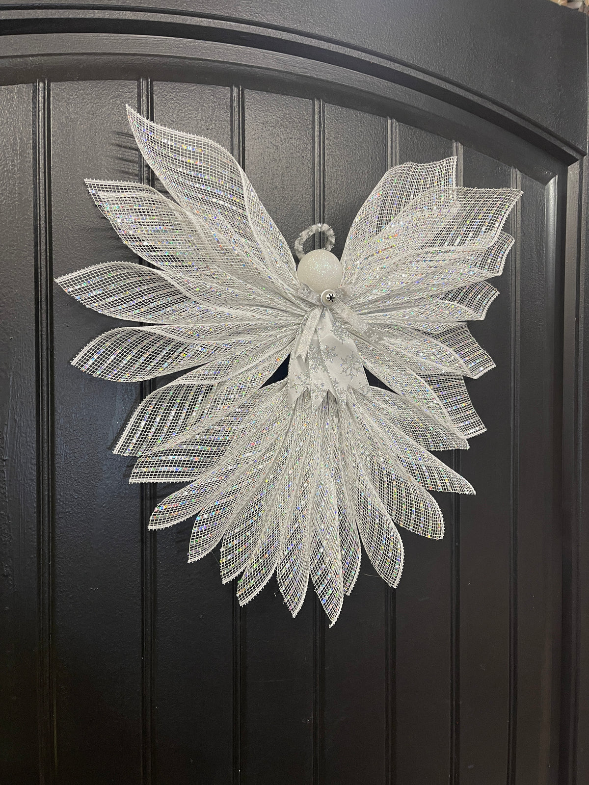 White Iridescent Christmas Angel Tree Topper, Holiday Guardian Angel Wall Decor, Graveside Memorial, KatsCreationsNMore