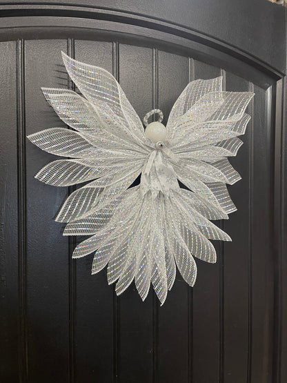 White Iridescent Christmas Angel Tree Topper, Holiday Guardian Angel Wall Decor, Graveside Memorial, KatsCreationsNMore